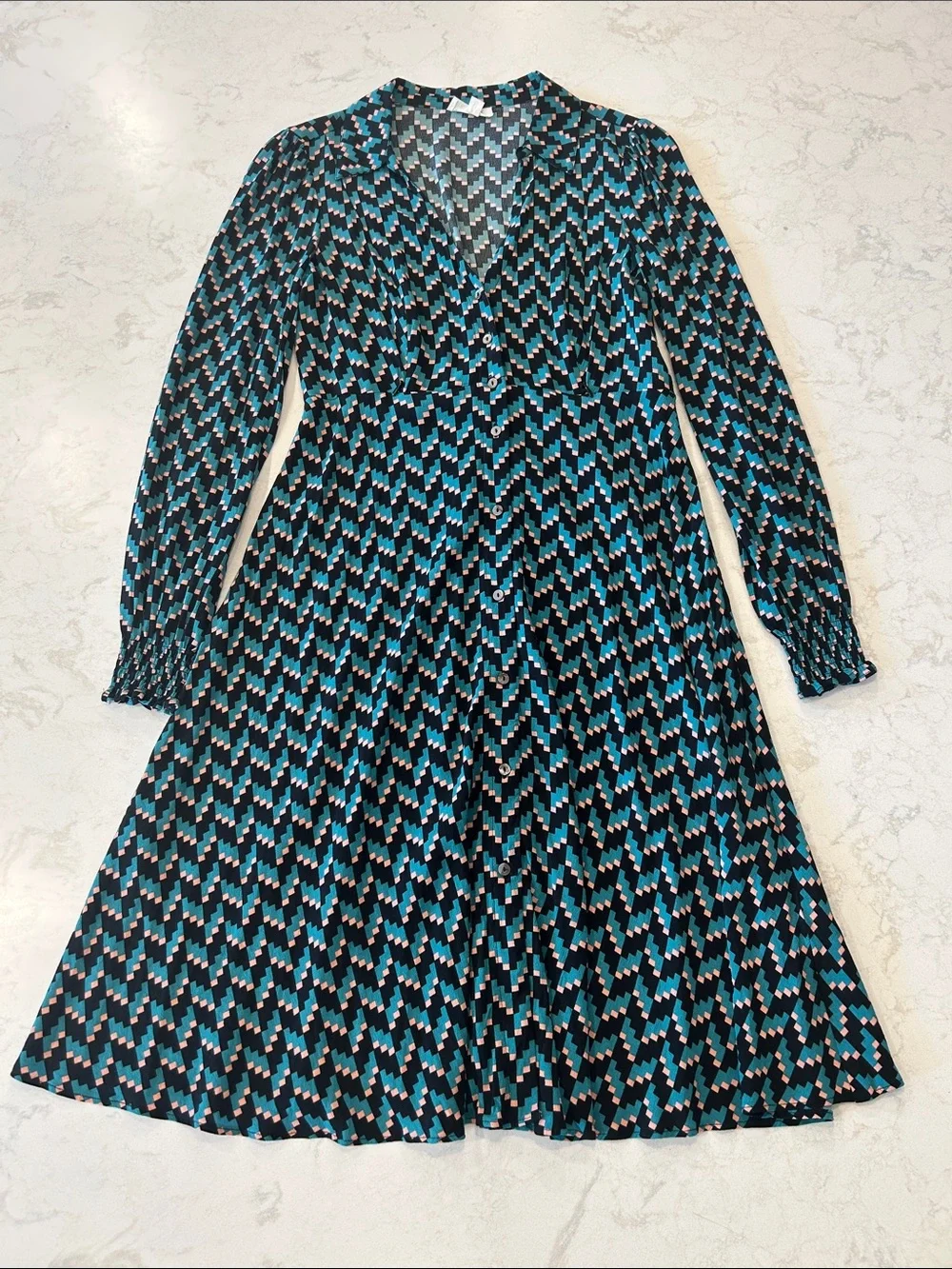 Seraphine Geometric Print Teal and Black Long Sleeve Nursing Post Natal‎ Dress 4